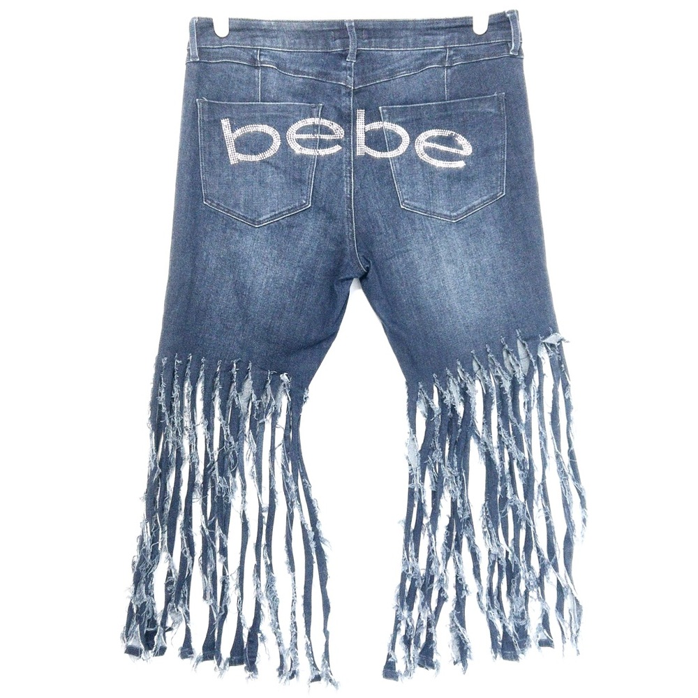 Y2k Bebe‎ Rhinestone Jeans Bling Denim Vintage Upcycled Long Fringe 32 OOAK